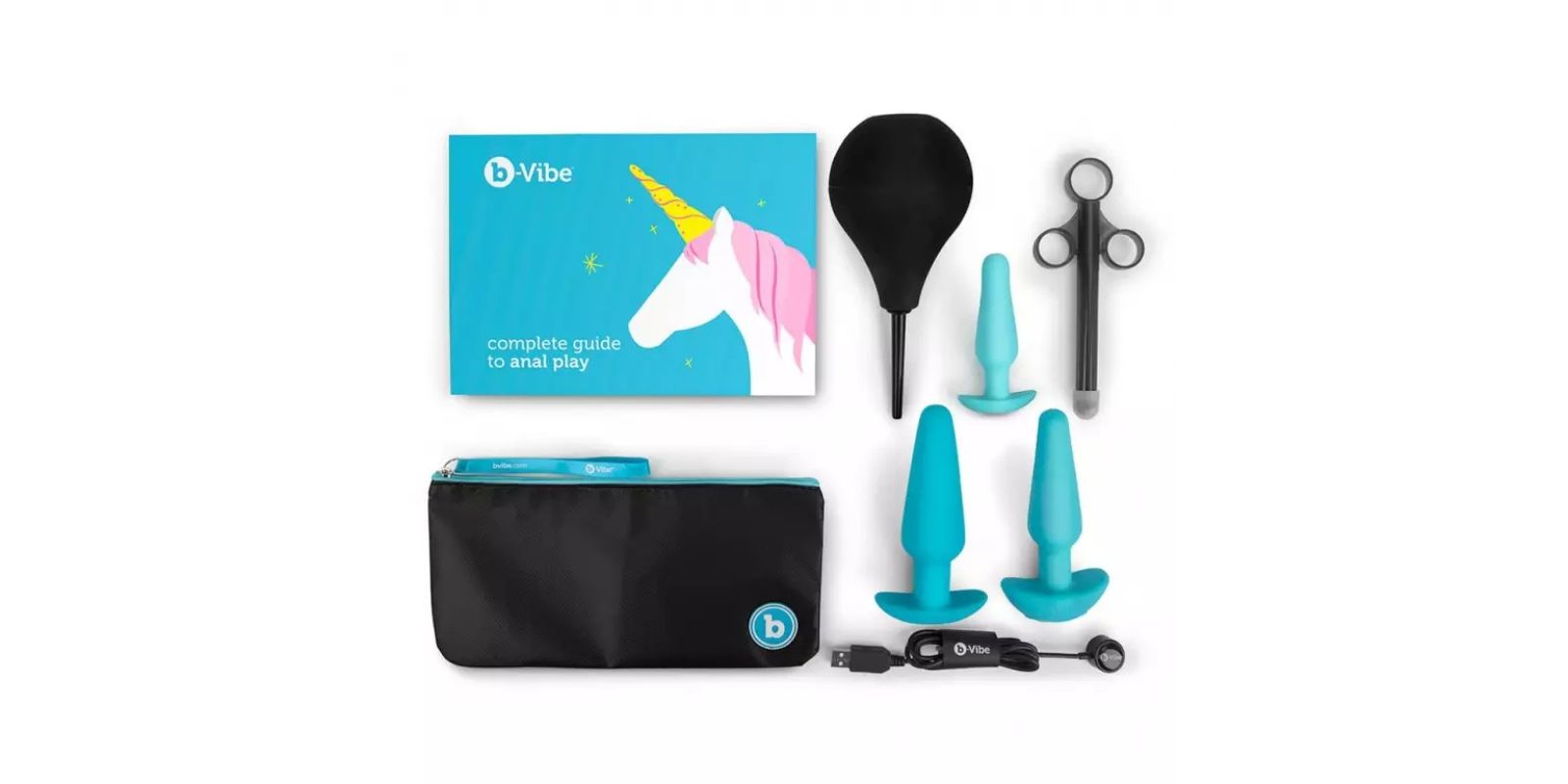 The B-Vibe Anal Training Kit, featuring three graduated butt plugs, an enema, lubricant applicator