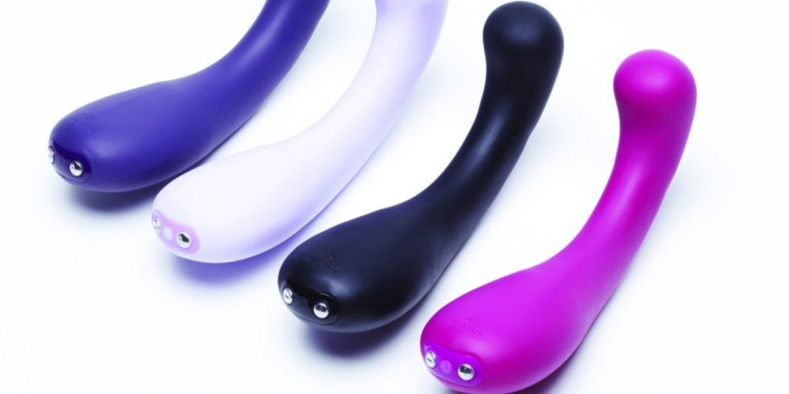Je Joue G-Kii vibrator displayed in different curved positions for G-spot and clitoral stimulation.